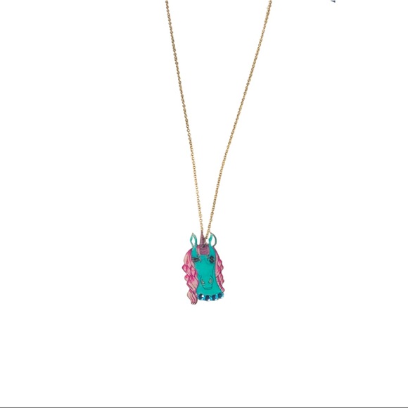 Angry working blue unicorn with rhinestones and pink hair handcrafted pendant - Picture 1 of 3